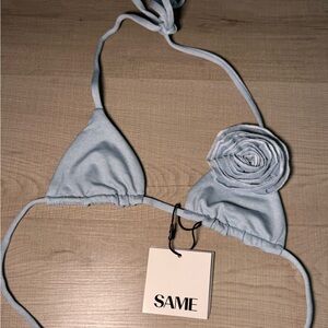 Same swim light Blue Ribbed Triangle Bikini Top with Rosette